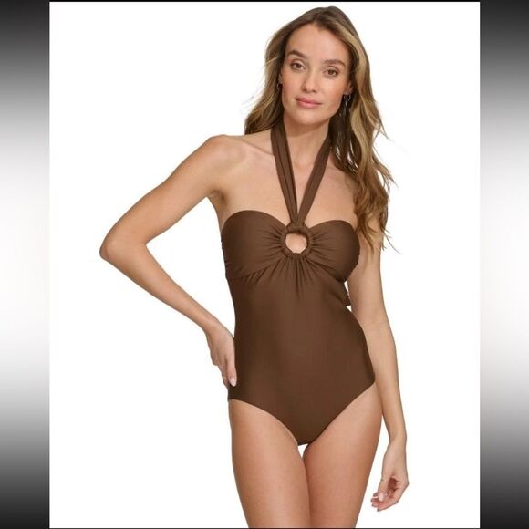 DKNY -Island Ring Front Bandeau One Piece Swimsuit- new with tag - in brown - Picture 1 of 2